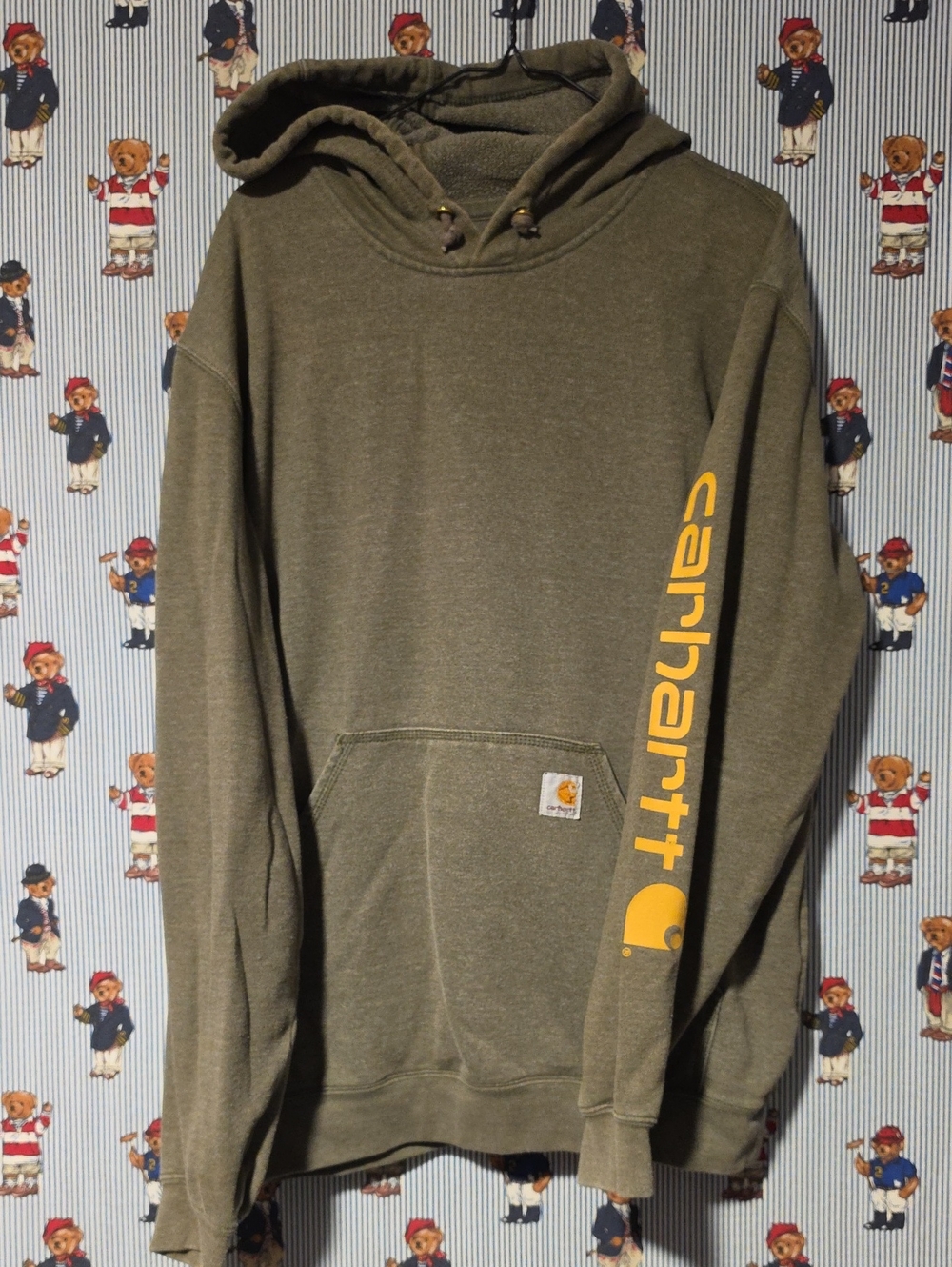Carhartt Olive Green Hooded Sweatshirt with Sleeve Spellout Large Original Fit